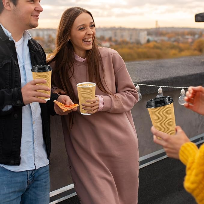 80 Pack 16 OZ Disposable Coffee Cups with Lids and Straws, Insulated Paper Coffee Cups with Lids, Corrugated Ripple Wall To Go Cups for Hot Drink, Coffee, Hot Chocolate, Water, Juice - Champagne
