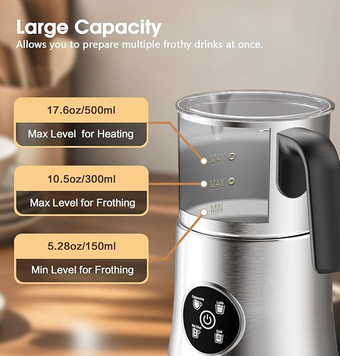 Milk Frother, Detachable Large-Capacity Electric Frother, Milk Steamer for Coffee, Cappuccino, Latte, Choc, Stainless Steel Jug, BPA-Free Transparent Lid
