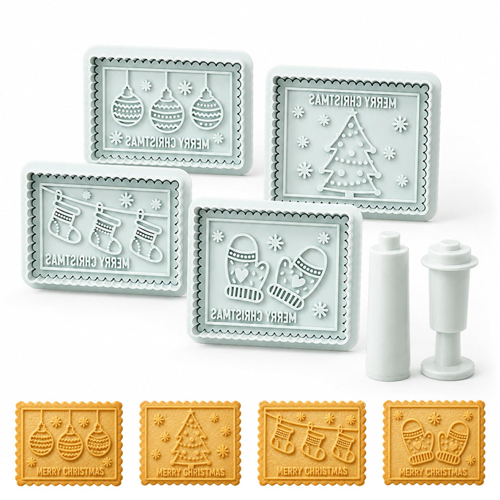 4-Piece 3D Merry Christmas Cookie Cutter and Stamp Set, Plastic