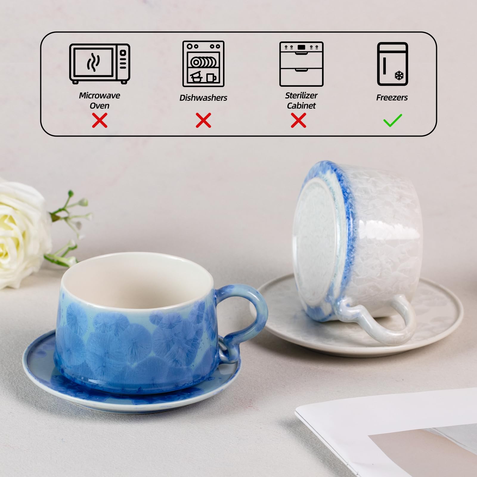 KAMMAK Tea Cups and Saucers Set of 2, 7.5 oz Glaze Coffee Mugs, 724N