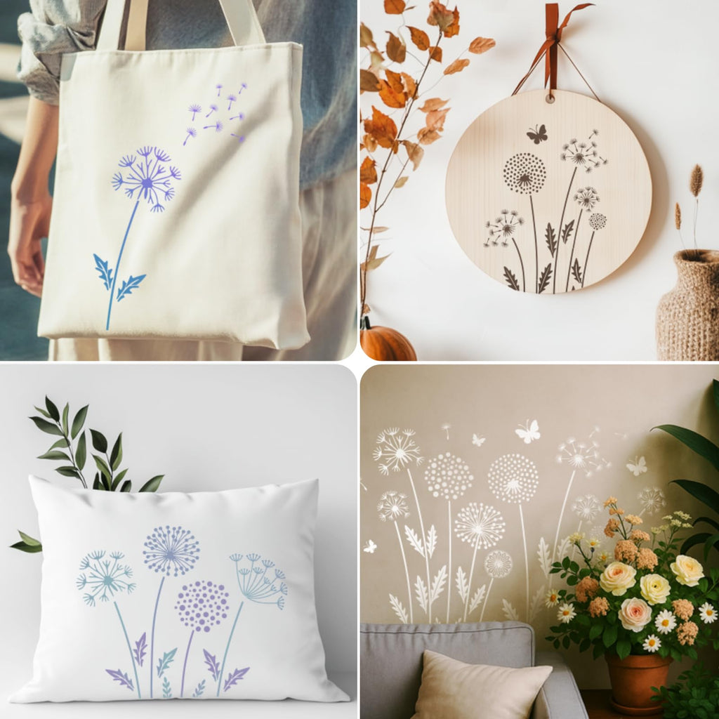TWINKLEMON 12PCS Large Flower Stencils for Painting on Wood 12 x 12 Inch Dandelion Stencil with Brushes Butterfly Stencil Large Floral Stencils for Walls Garden Fence Furniture Fabric