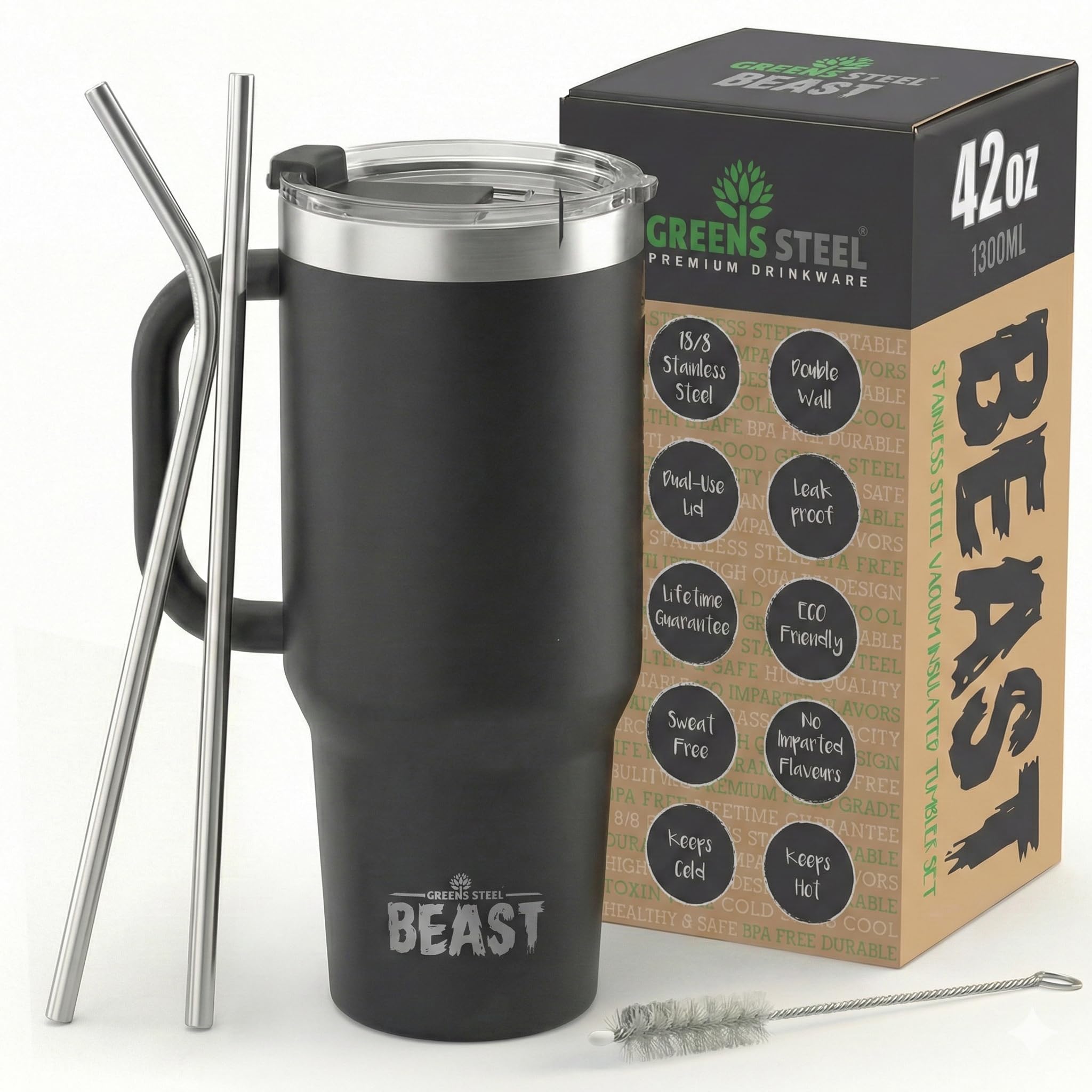 Beast 42 oz Tumbler with Handle Stainless Steel Vacuum Insulated Coffee Ice Cup Double Wall Travel Flask (Matte Black)