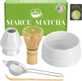 Marce Matcha Whisk Set- Matcha Set includes Matcha Bowl, Sifter, Holder and Scoop- The Perfect Bamboo Whisk for Matcha Tea (White)