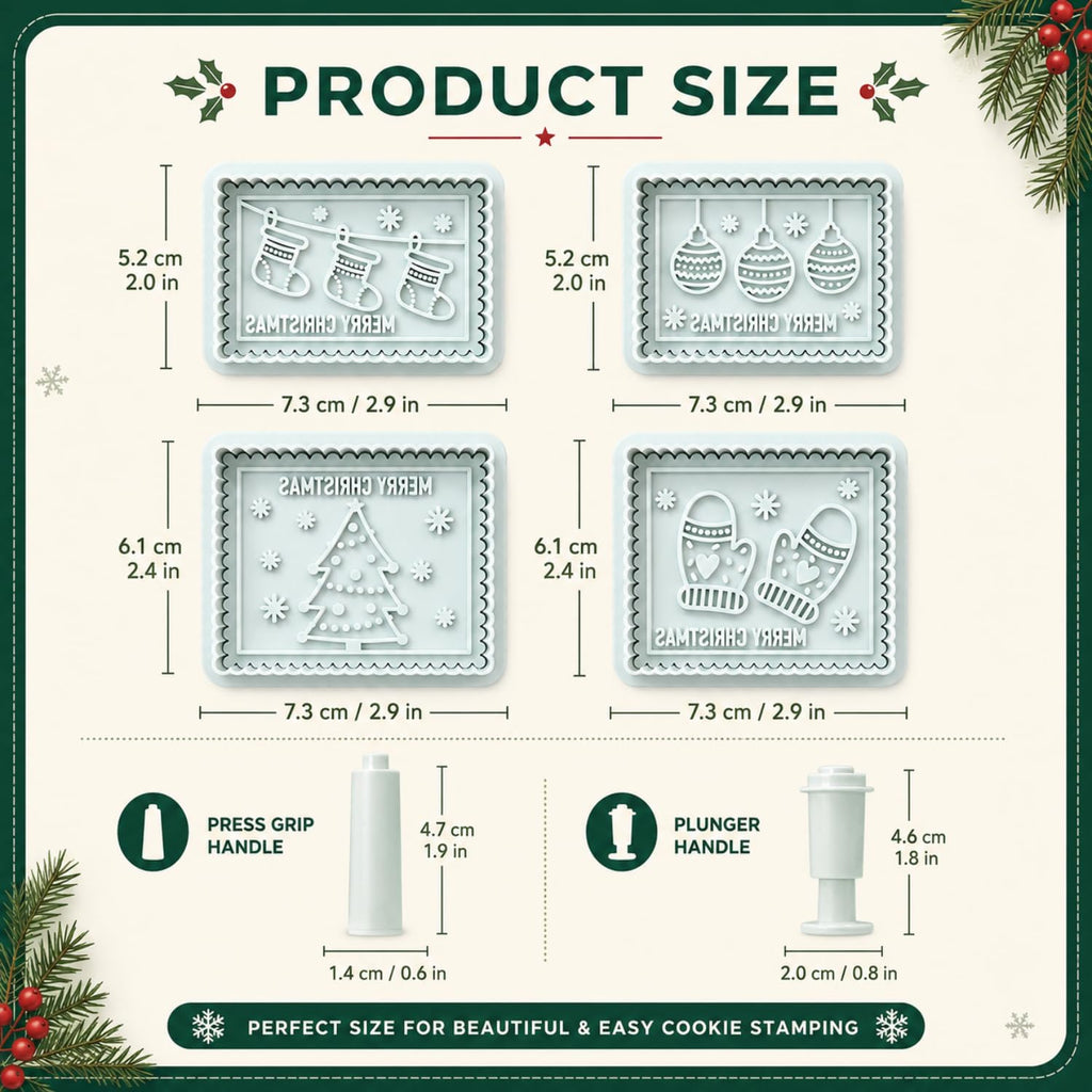 4-Piece 3D Merry Christmas Cookie Cutter and Stamp Set, Plastic
