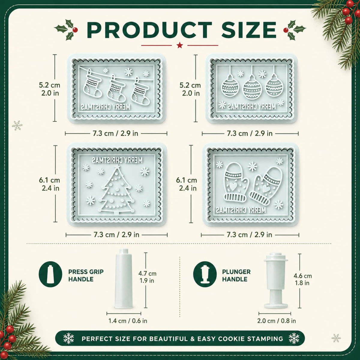4-Piece 3D Merry Christmas Cookie Cutter and Stamp Set, Plastic