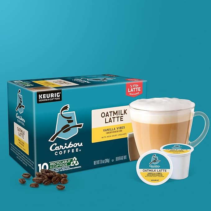 Caribou Coffee Vanilla Vibes Oatmilk Latte, One Step Latte Single Serve Keurig K-Cup Pods, 60 Count (6 Packs of 10)