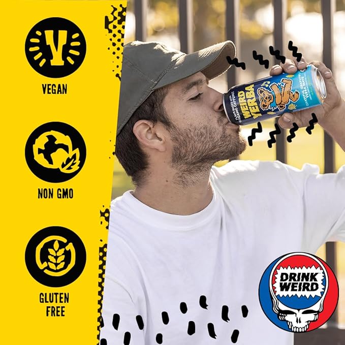 Drink Weird Organic Grateful Grapefruit Yerba Mate – 16oz Cans, 160mg Organic Caffeine, Pack of 12 – Grateful Dead Collab, Healthy Energy Drink Alternative