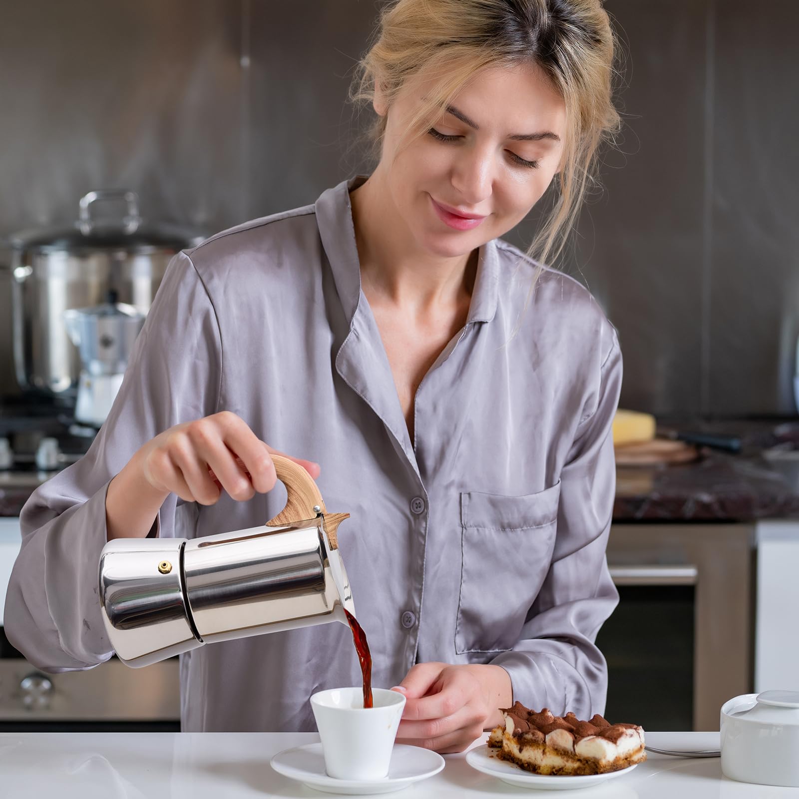 JingleChoo Induction Moka Pot, Stainless Steel, Stovetop Espresso Coffee Maker, 6 Cup/300ml/10.1oz, Easy to Use and Clean, Camping Home Use | for Mocha Cappuccinos, Lattes