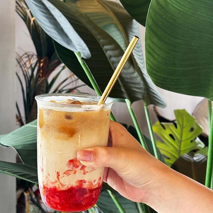 Stainless Steel Straws Metal Reusable Drinking Straw for Juice Iced Coffee Cold Beverage Water Highball Glasses 20oz Tumblers Mugs Cups, 0.24" 6mm Wide 215mm Long, Set of 8 with Brush, Gold