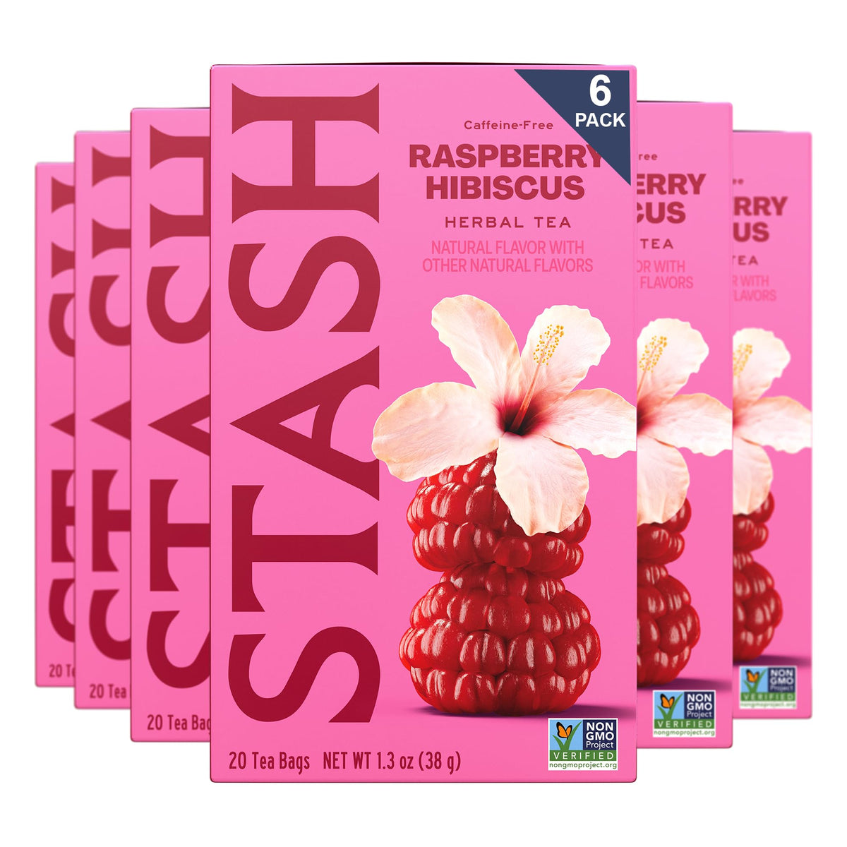 Stash Tea Wild Raspberry Hibiscus Herbal Tea - Naturally Caffeine Free, Non-GMO Project Verified Premium Tea with No Artificial Ingredients, 20 Count (Pack of 6) - 120 Bags Total