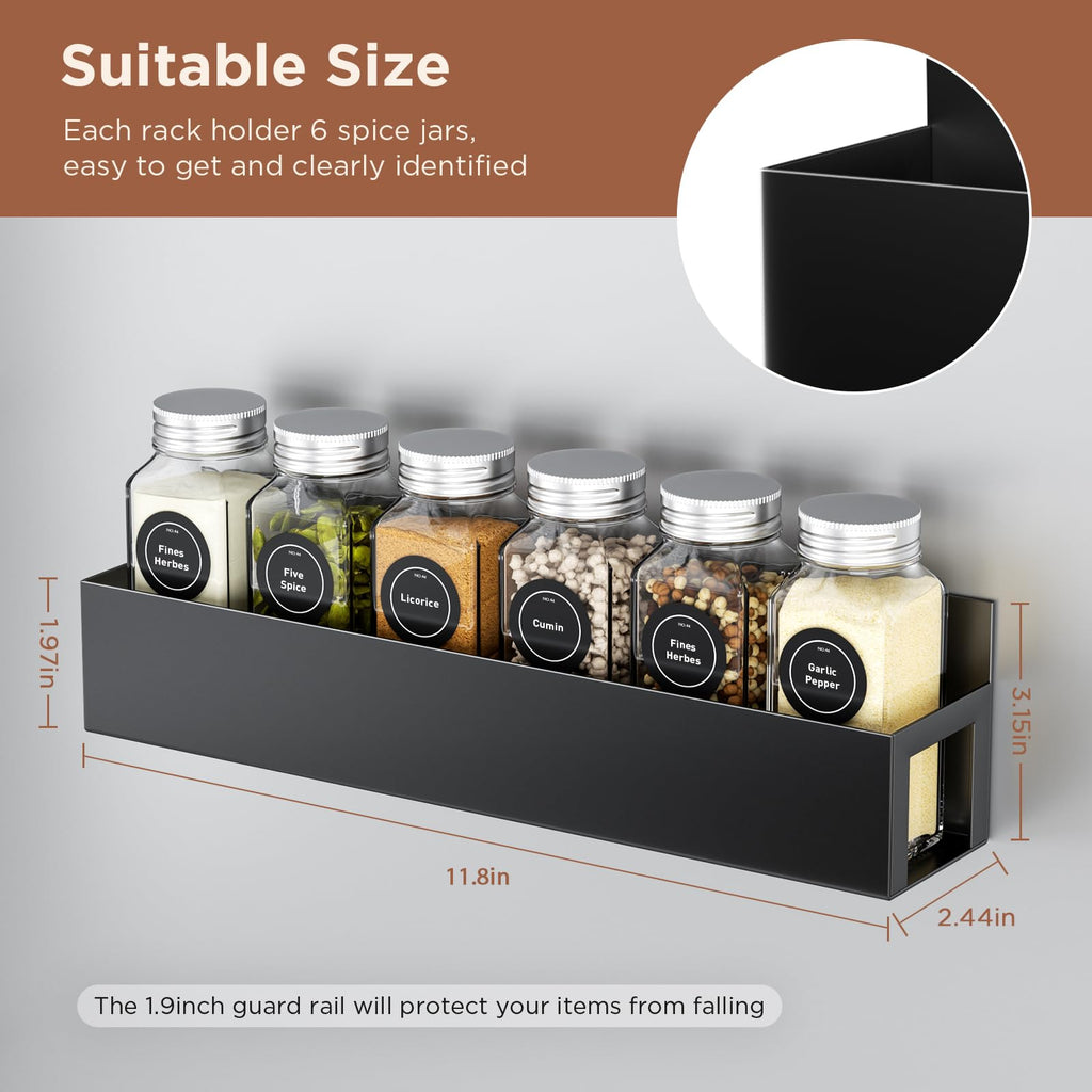 2 Pack Magnetic Spice Rack with 12 Spice Jars, Spice Labels, Magnetic Spice Organizer Shelf for Refrigerator, Microwave, Seasoning Organizer for Kitchen, Spice Jars with Label and Organizer Rack