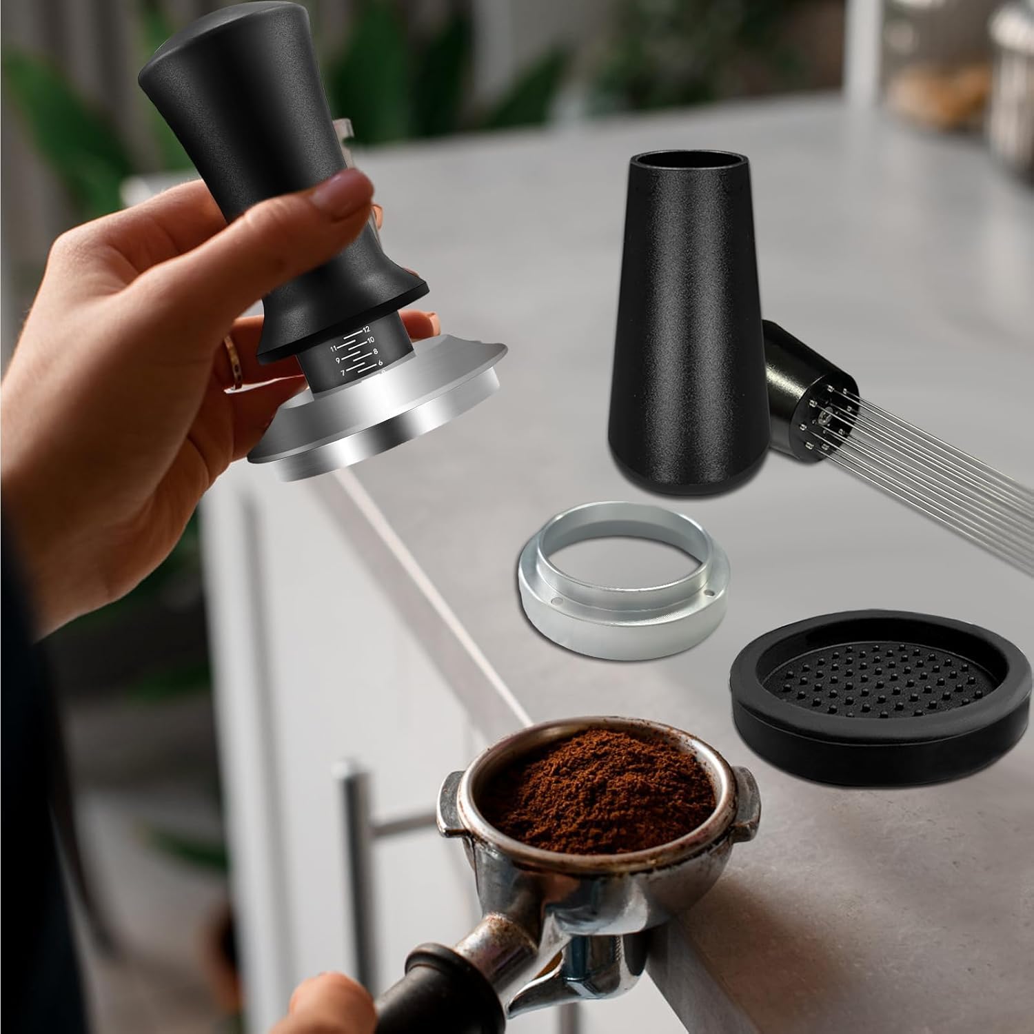 51mm Espresso Accessories Kit, Coffee Espresso Tamper Set, Spring-loaded Tamper, WDT Tool, Dosing Funnel and Silicone Gel Coffee Tamper Mat for Espresso Coffee Machines and 51 mm Portafilters
