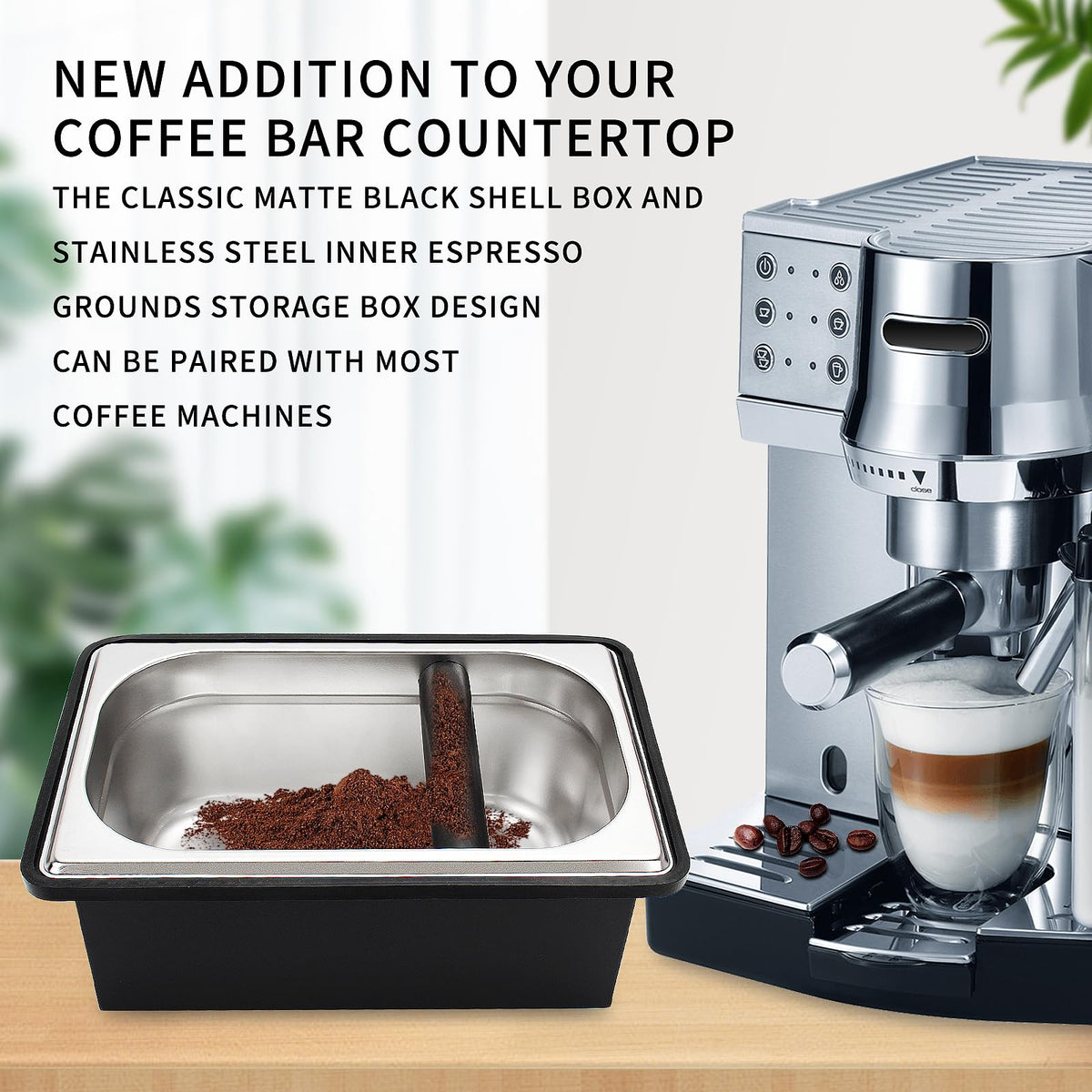 DIBTSA Espresso Knock Box,Stainless Steel Coffee Pucks Container, with Steel Holder and Noise Reduction Rubber Ring (10.94 x 6.88 x 4.25 inch)