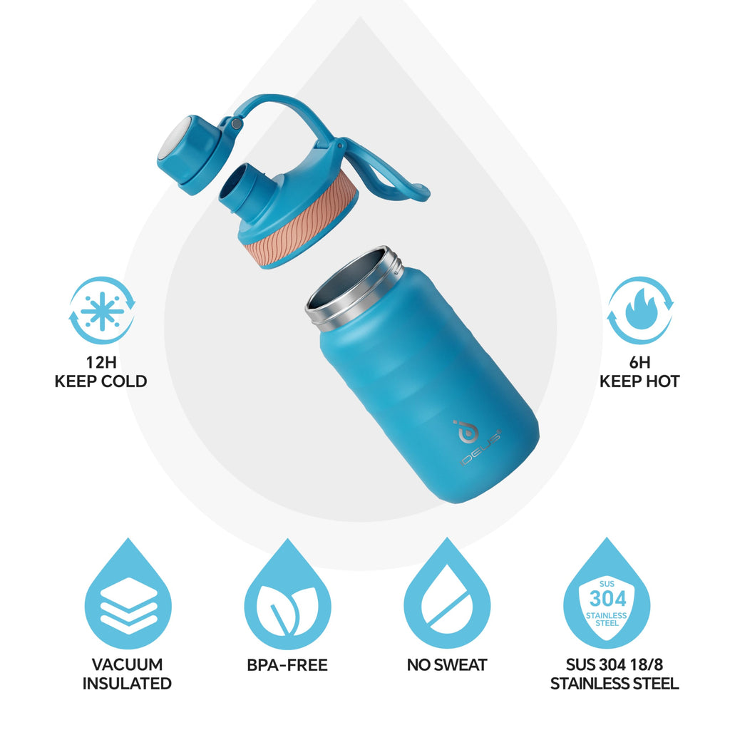 IDEUS Insulated Water Bottle 12oz, Stainless Steel Insulated Water Bottle For School, Insulated Bottles With Straws Leakproof, Vacuum Double Wall Water Bottles For Boys And Girls With 2 Lids, BPA Free