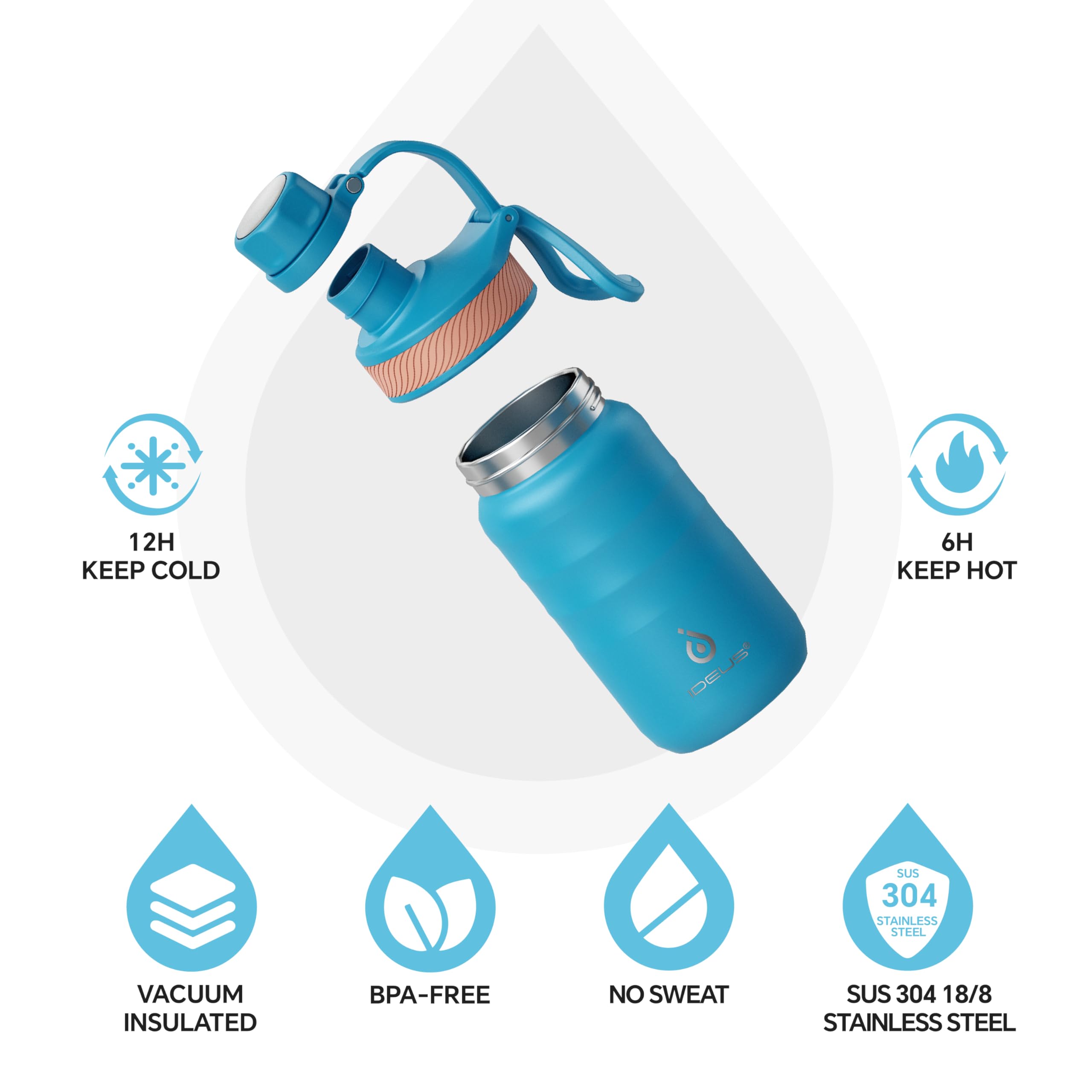 IDEUS Insulated Water Bottle 12oz, Stainless Steel Insulated Water Bottle For School, Insulated Bottles With Straws Leakproof, Vacuum Double Wall Water Bottles For Boys And Girls With 2 Lids, BPA Free