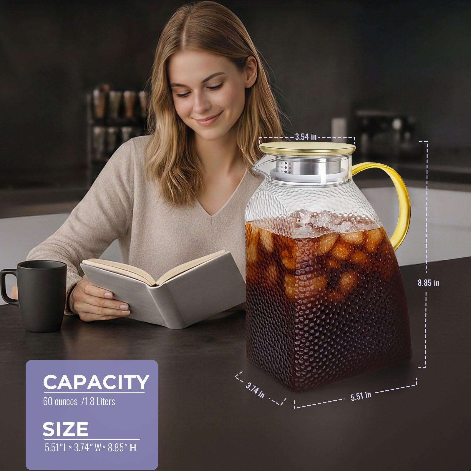 Glass Pitcher With Lid and Spout, 1.8 Liter 60 oz Glass Pitchers With Handle And Lid, Jug Water Pitchers For Fridge, Carafe Jar for Hot/Cold Water Iced Tea Juice Coffee Milk Beverage