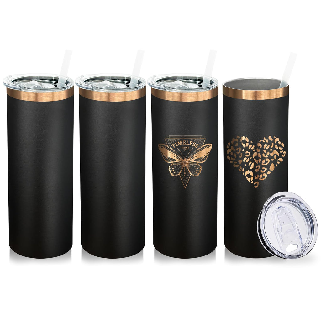 Metalya 20 oz Skinny Tumblers Bulk with Lids and Straws Black,4 pack