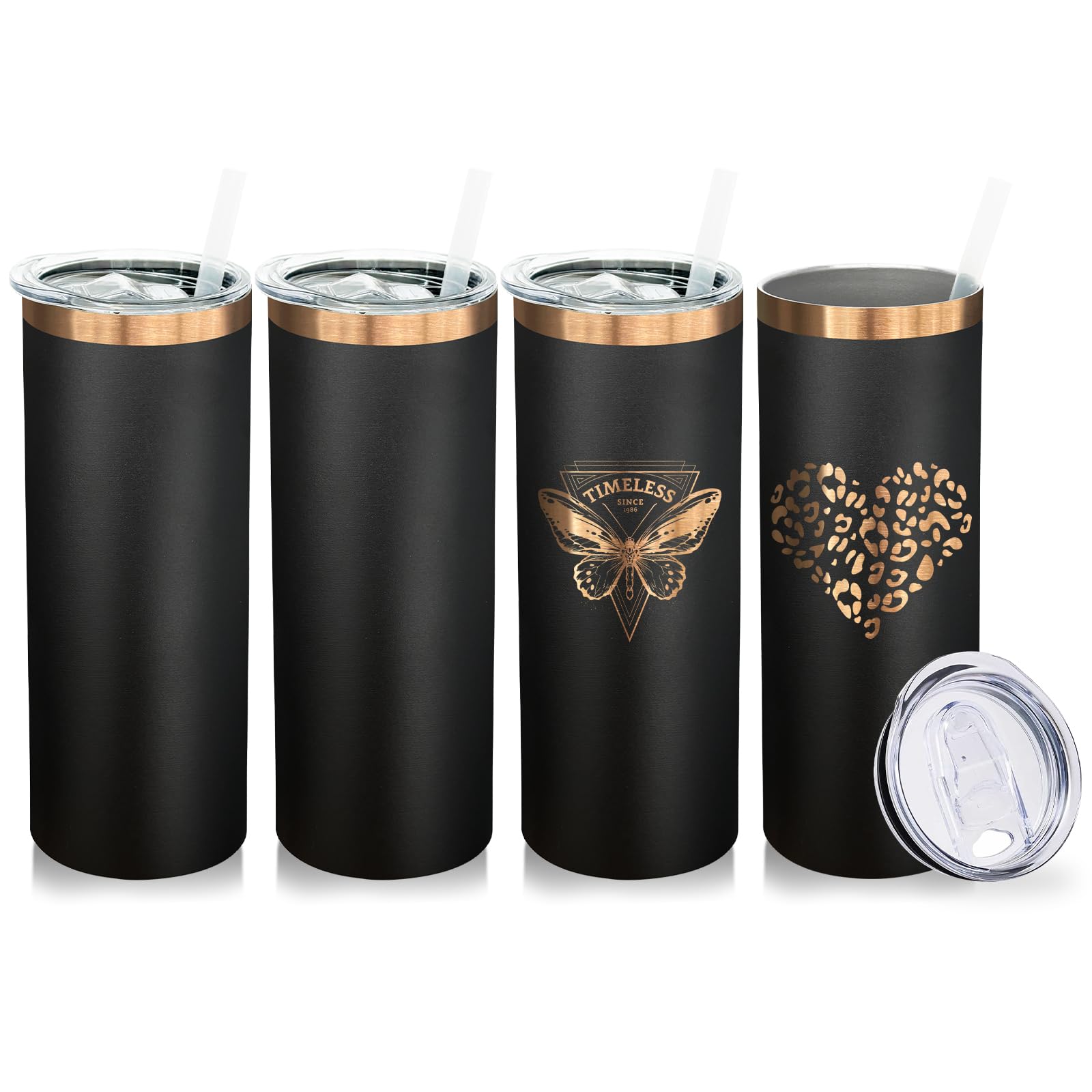 Metalya 20 oz Skinny Tumblers Bulk with Lids and Straws Black,4 pack