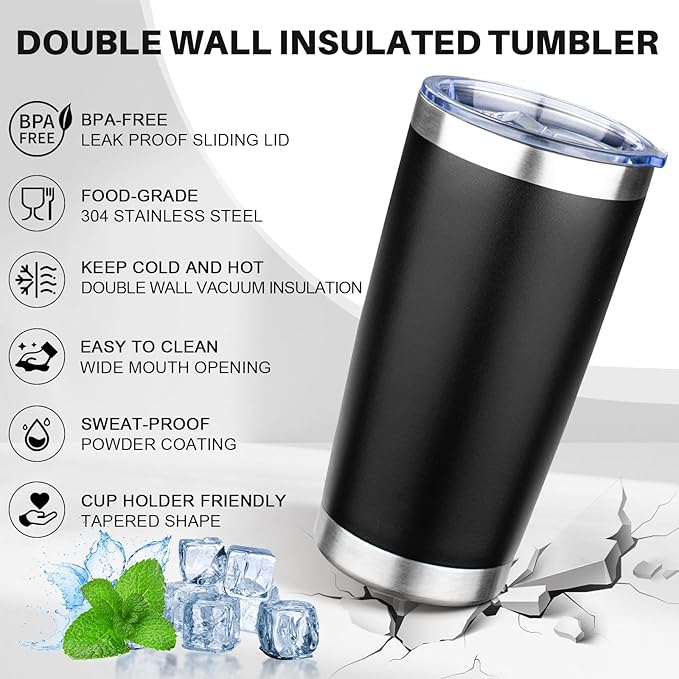 20oz Tumbler with Lid Double Wall Vacuum Insulated Travel Coffee Mug Stainless Steel Thermal Cup Powder Coated Sturdy Coffee Tumbler Bulk for Hot and Cold Beverage (Black,4)