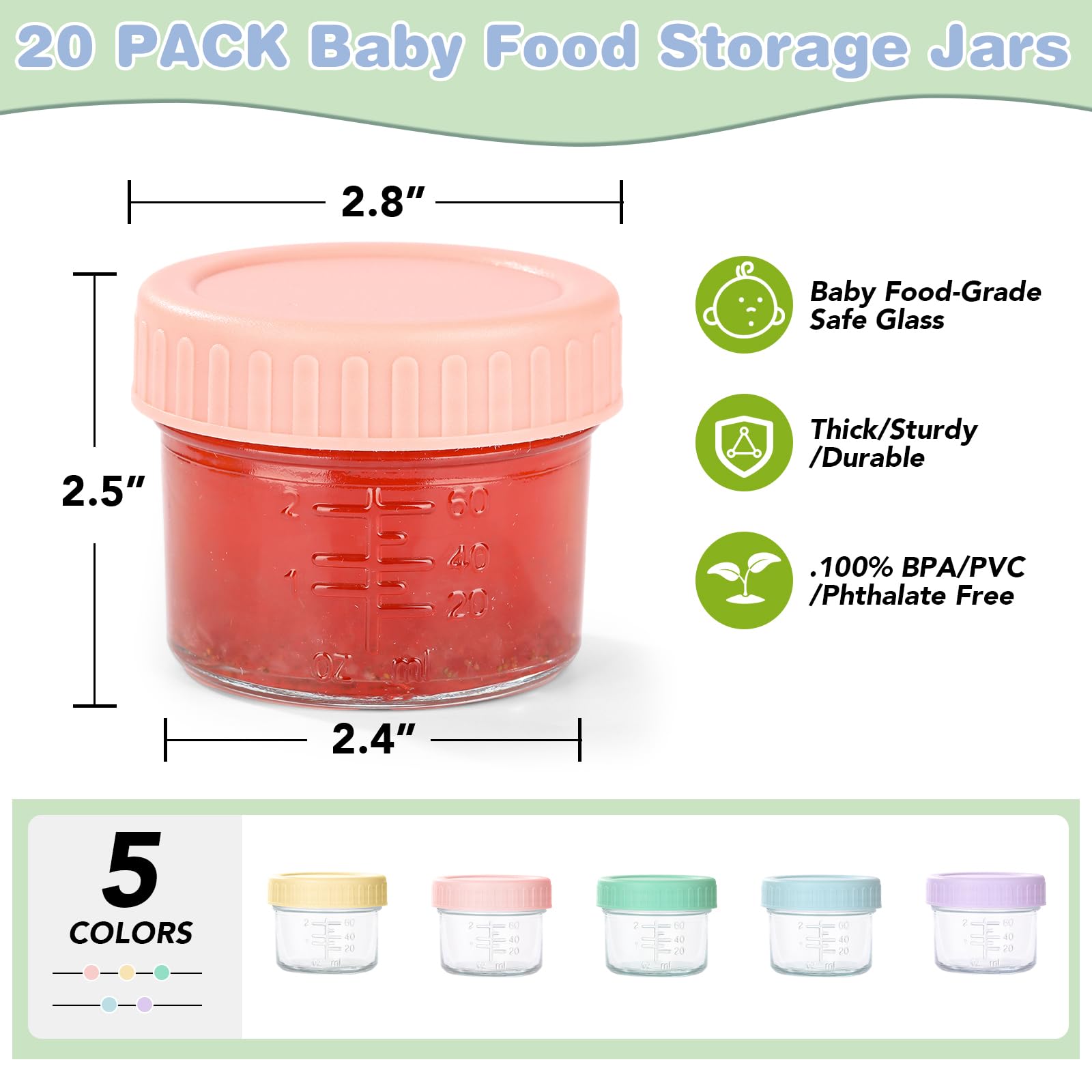 RowinsyDD 20 Pack Baby Food Containers, 4 oz Glass Baby Food Jars with Lids