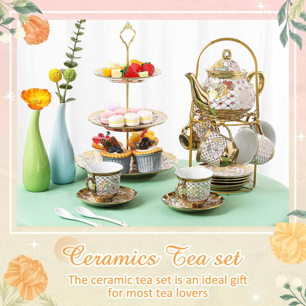 Maxcheck 21 Pcs Porcelain Tea Set for Women Tea Party with Metal Holder and 3 Tier Cake Stand Ceramic European Floral Teapot Set for Adults Mother's Day Christmas Thoughtful Gift(Stylish Style)