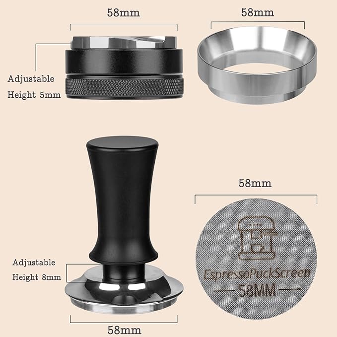 58mm Espresso Tamper Set - Spring-loaded Coffee Tamper, Adjustable Depth Espresso Distributor Leveler, Magnetic Dosing Funnel Aluminum Metal, Reusable Puck Screen, Fit for 58mm Portafilters