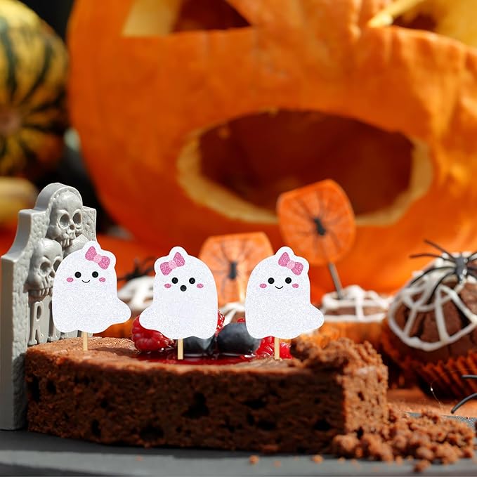 Whaline 48Pcs Halloween Cupcake Toppers Pink Bow Ghost Cupcake Picks Cute Ghost Cake Decorations for Halloween Birthday Party Supplies