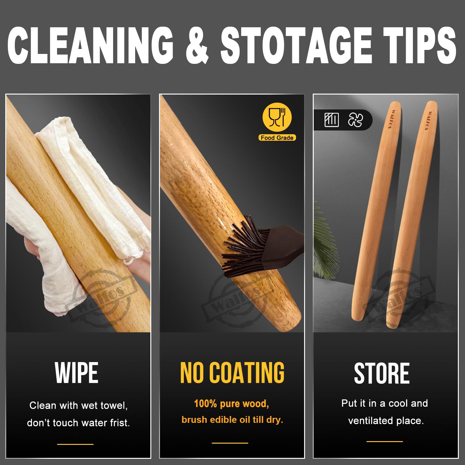 WALFOS French Rolling Pin and Silicone Baking Mat Set, Non-Stick Beech Wood Rolling Pin 15.7 Inch and Pastry Mat for Best Pie Crust, Cookie, Pasta and Pizza Dough