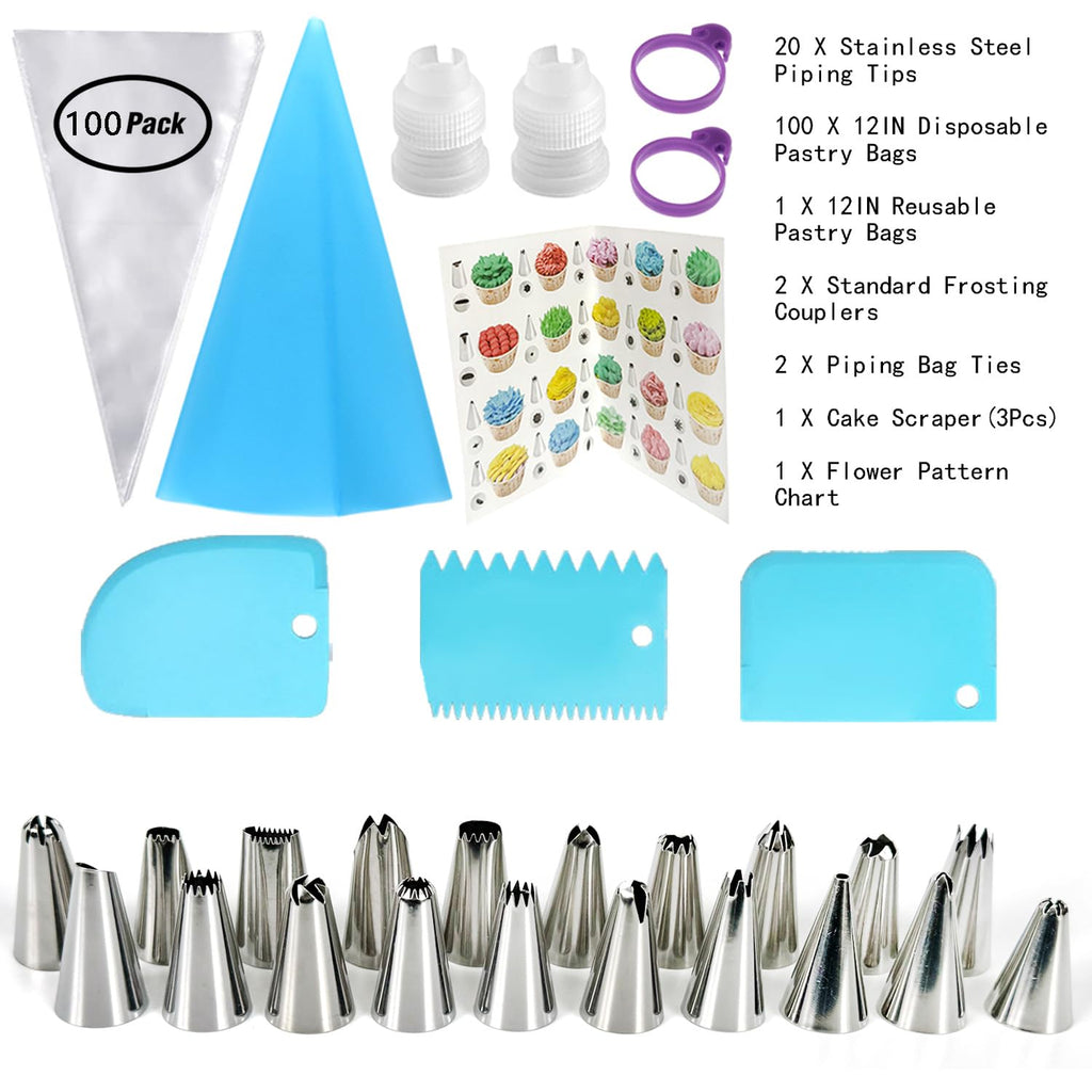 Piping Bags and Tips Set, 100PCS 12 Inch Disposable Pastry Bags with Tips Cupcake Frosting Piping Kit Cookie Decorating Supplies, Royal Icing Bags and Tips Set for Cake Decorating Baking Tools