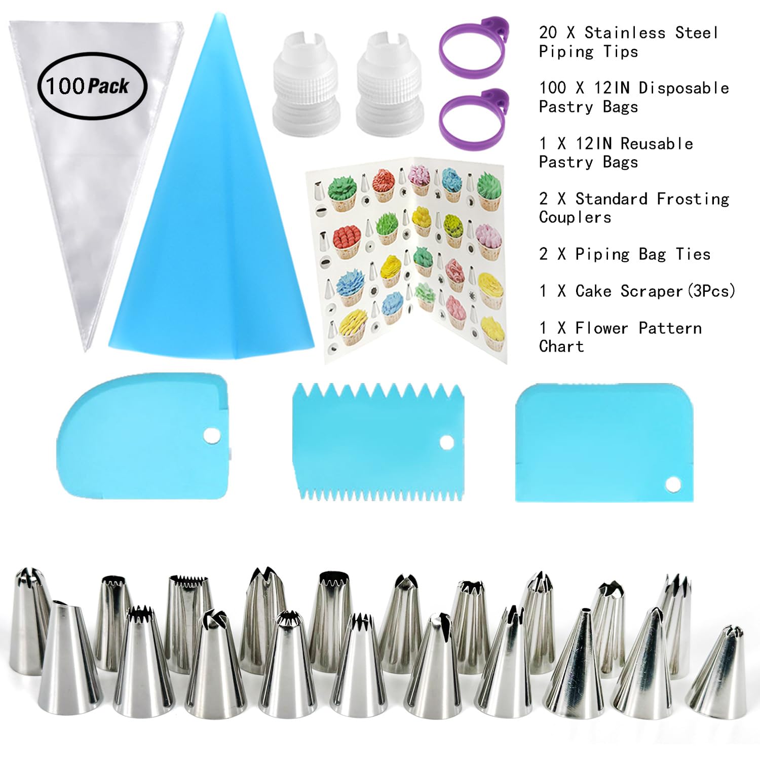 Piping Bags and Tips Set, 100PCS 12 Inch Disposable Pastry Bags with Tips Cupcake Frosting Piping Kit Cookie Decorating Supplies, Royal Icing Bags and Tips Set for Cake Decorating Baking Tools