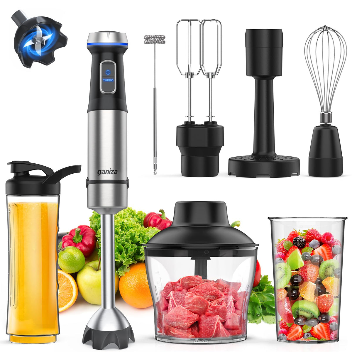 Ganiza Immersion Blender Handheld Corded 8 in 1 Hand Blender Max 1000W