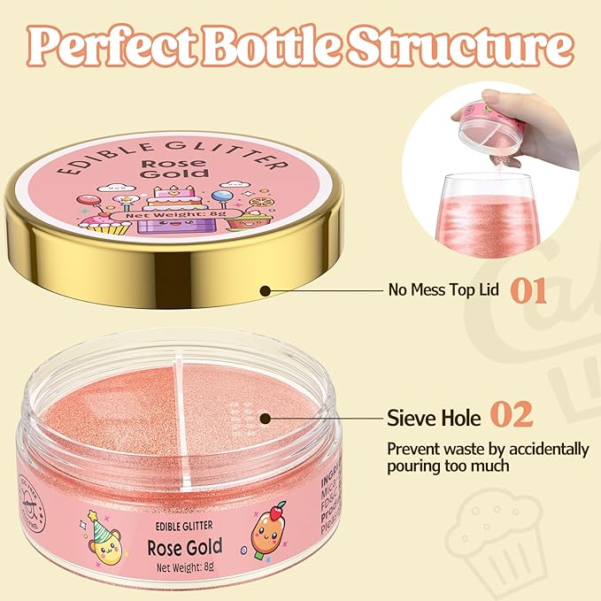 Nomeca Edible Glitter for Drinks Cakes, 8 grams Food Grade Luster Dust Sprinkles Glitter for Cake Decorations, DIY Cocktails, Beverages & Cake Decorating, Dessert Cake Topper (8-Rose Gold)