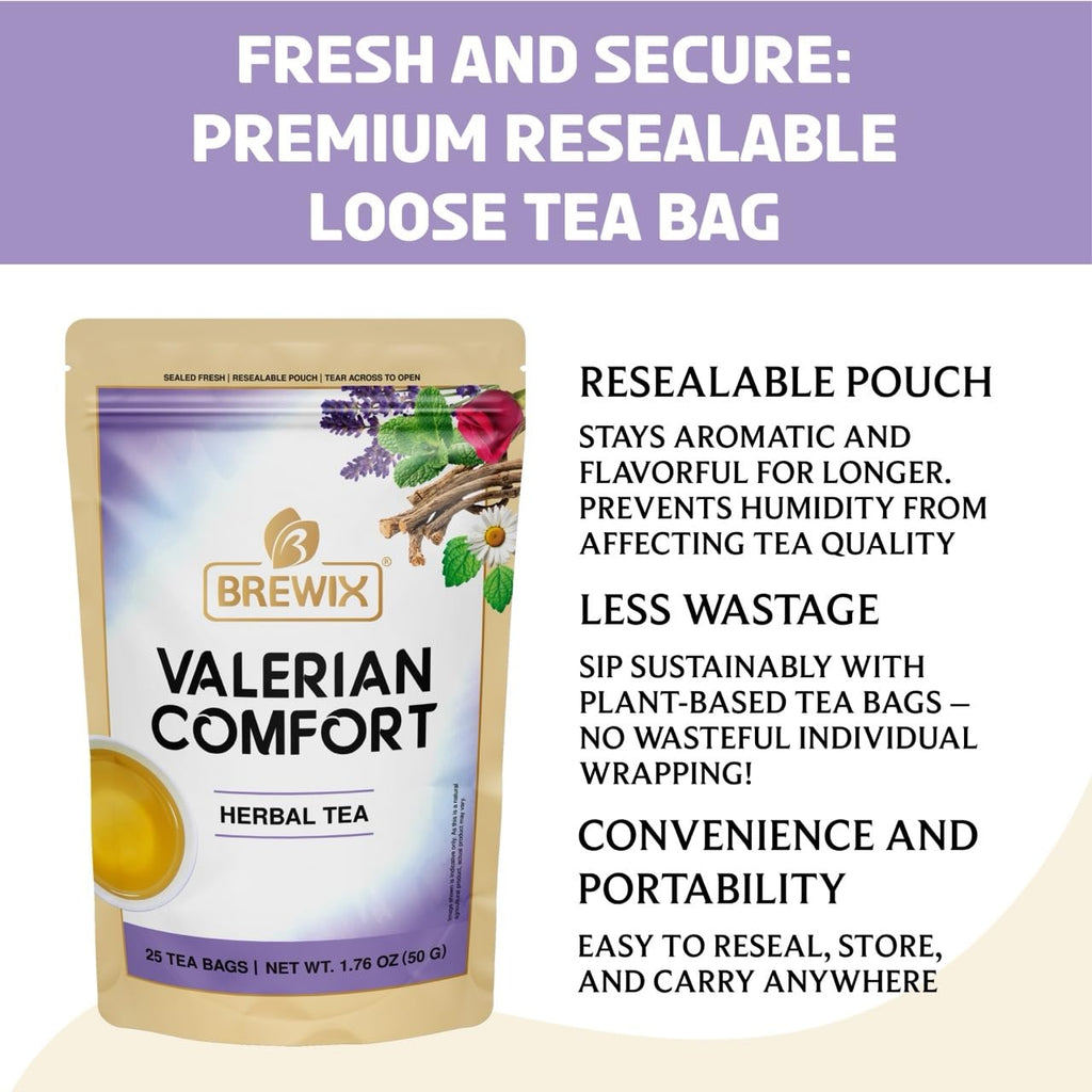 BREWIX, Valerian Comfort Tea for Sleep and Relaxation (25 Pyramid Bags) Caffeine-Free and Calming for Bedtime | Valerian Root, Chamomile & Lavender | Perfect Wellness Sleep