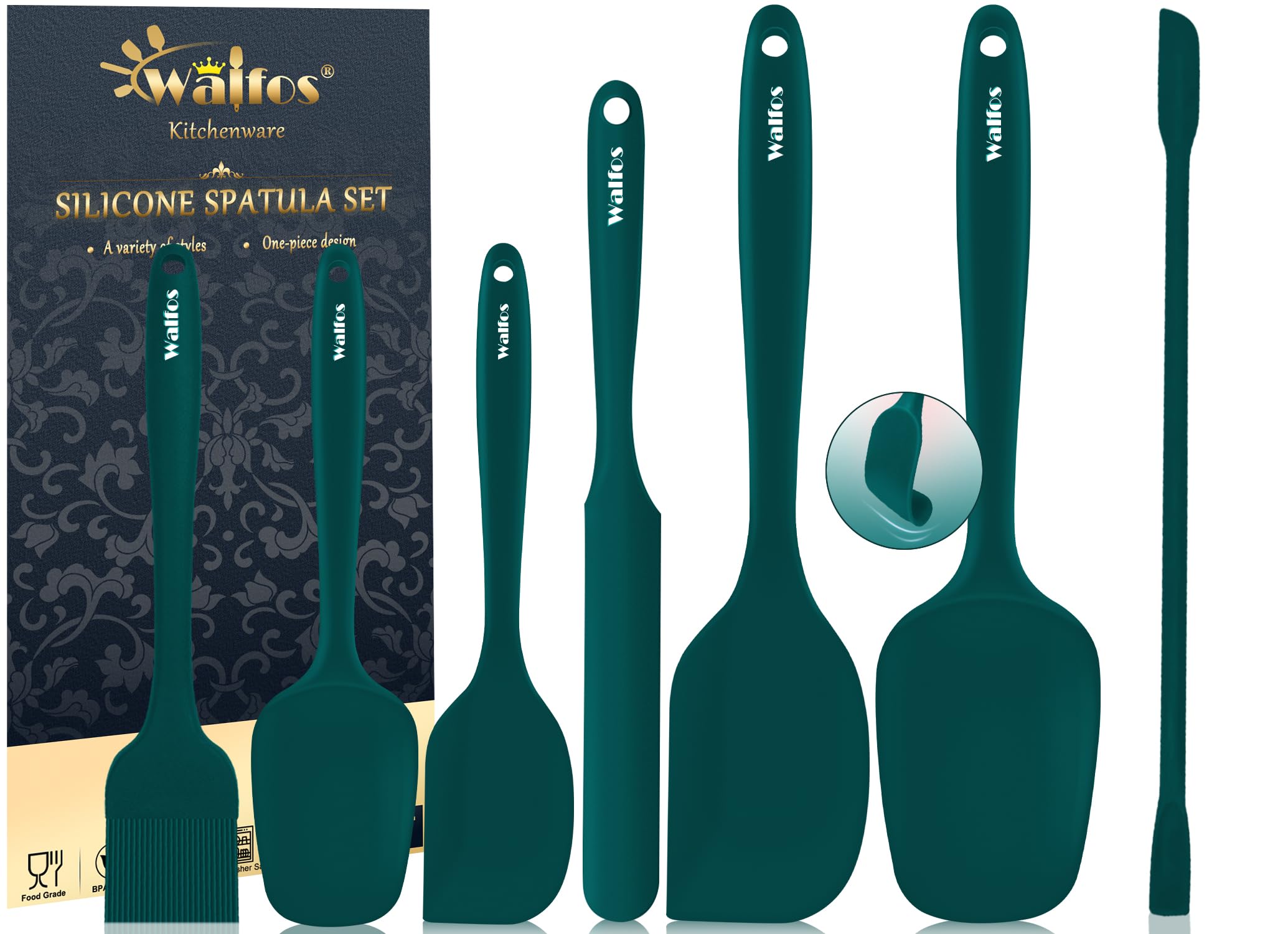 Walfos Silicone Spatula Set of 7 - (600°F) High Heat Resistant Dark Green Kitchen Scraper Spatulas, One-Pieces Seamless Design, Perfect for Cooking Mixing & Baking - BPA Free and Dishwasher Safe