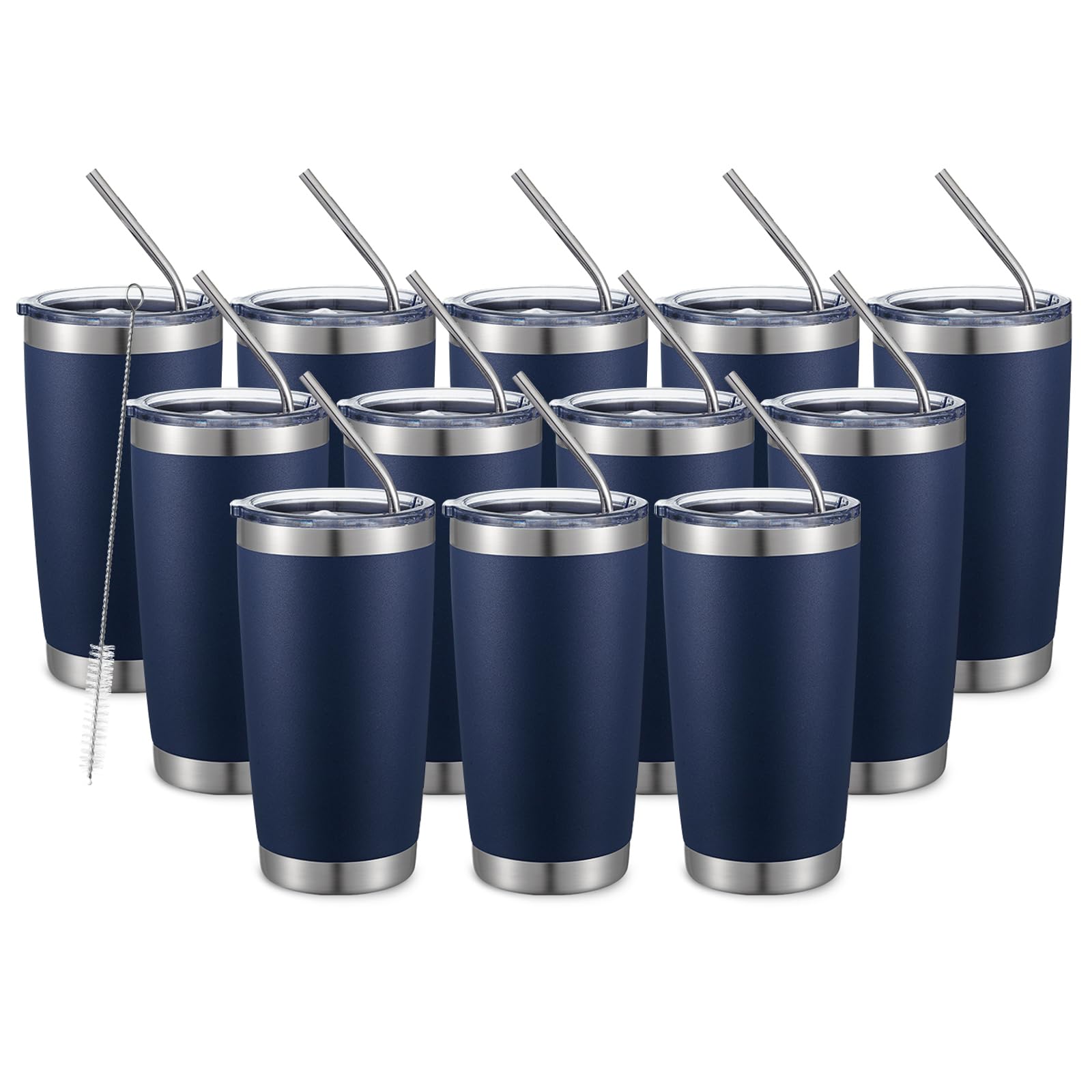 COMOOO 20oz Double Wall Vacuum Insulated Travel Mug Bulk Stainless Steel Tumbler with Lid and Straw Durable Powder Coated Insulated Coffee Cup for Cold & Hot Drinks (Navy, 12 pack
