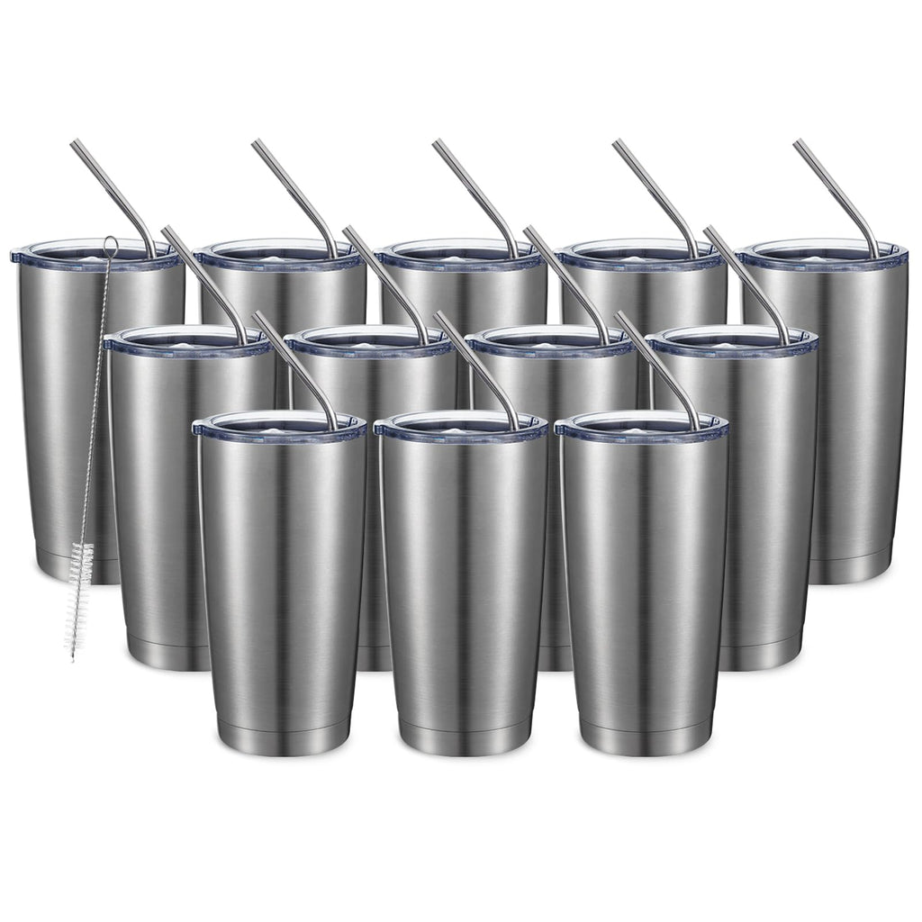 COMOOO 20oz Stainless Steel Tumbler Double Wall Vacuum Coffee Cup Insulated Travel Mug with Lid and Straw Durable Powder Coated Insulated Coffee Cup for Cold & Hot Drinks (Silver, 12 pack