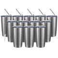 COMOOO 20oz Stainless Steel Tumbler Double Wall Vacuum Coffee Cup Insulated Travel Mug with Lid and Straw Durable Powder Coated Insulated Coffee Cup for Cold & Hot Drinks (Silver, 12 pack