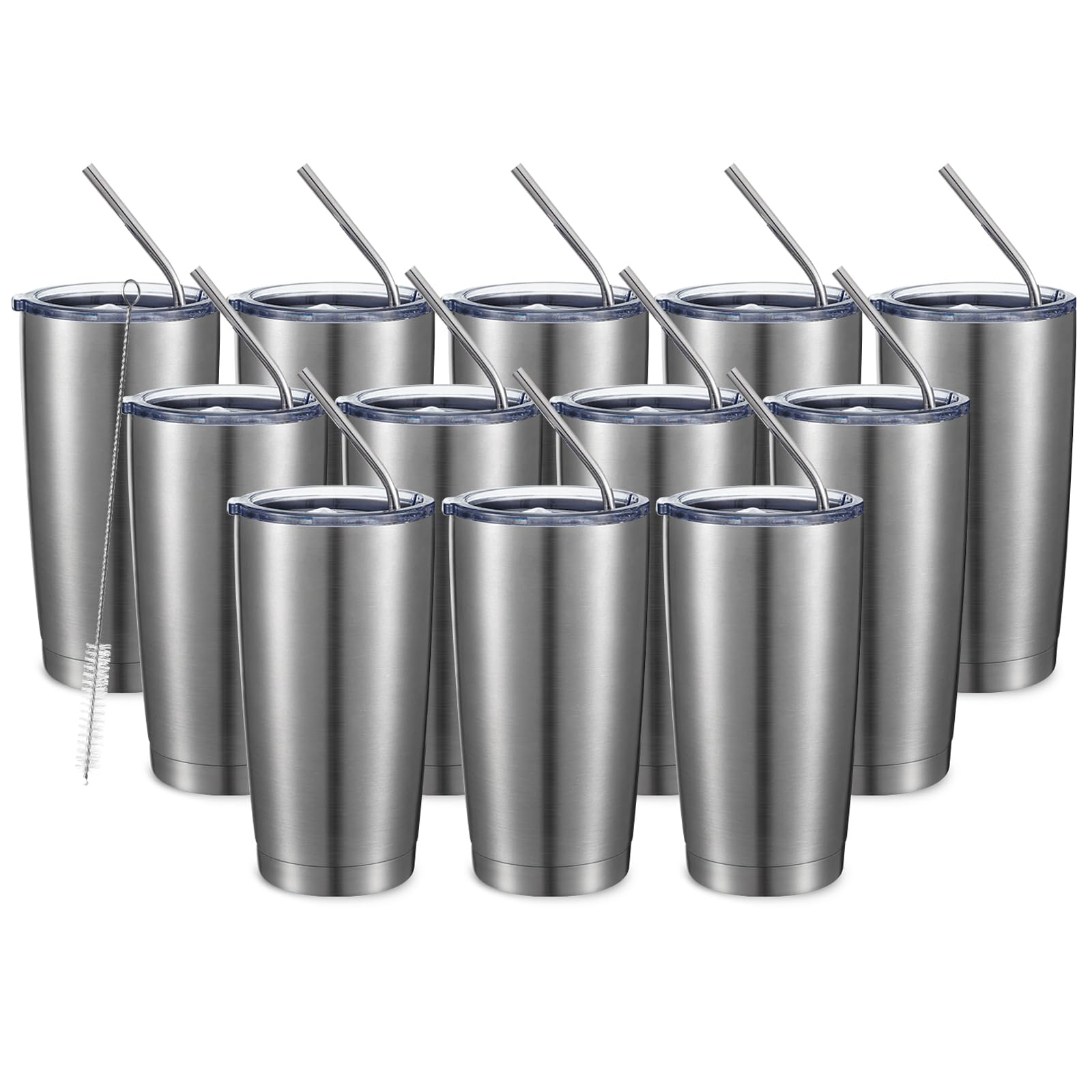 COMOOO 20oz Stainless Steel Tumbler Double Wall Vacuum Coffee Cup Insulated Travel Mug with Lid and Straw Durable Powder Coated Insulated Coffee Cup for Cold & Hot Drinks (Silver, 12 pack