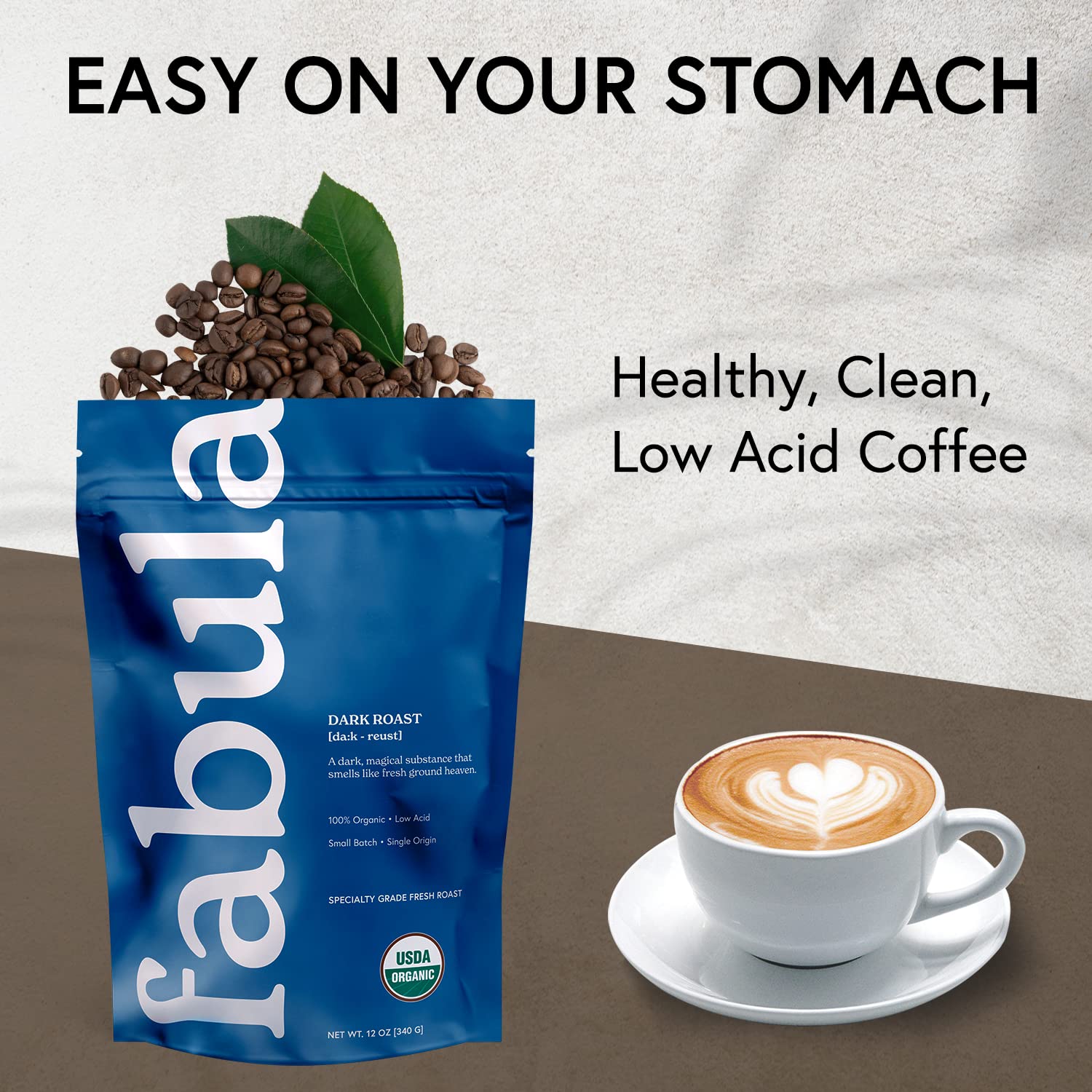 Fabula Coffee Dark Roast Whole Beans - Organic - Low Acid - Single Origin - Non GMO - Mold Free - 12 Ounces