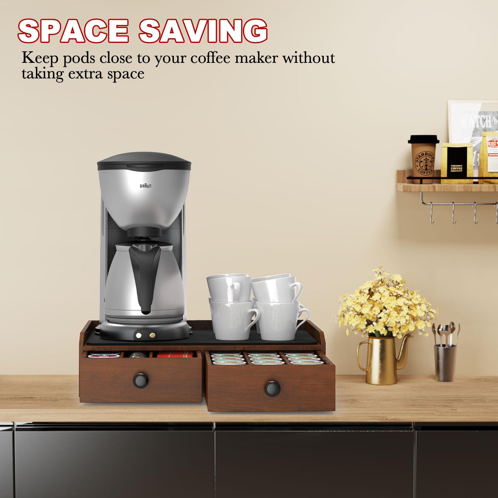 OCERAVE Wooden Coffee Pod Holder & Organizer - Coffee Station Organizer for Counter, Coffee Pods and Tea Organizer Holder Compatible with Keurig Pod & K-Cup | 30 Pod Capacity