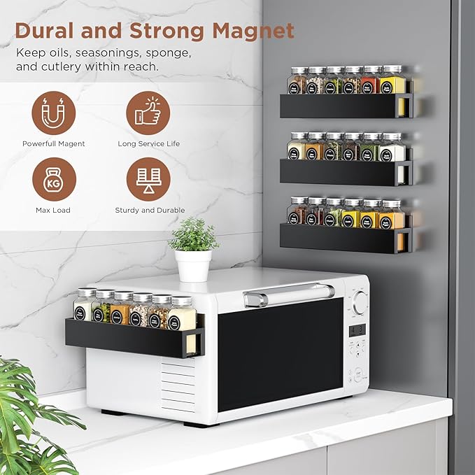 2 Pack Magnetic Spice Rack with 12 Spice Jars, Spice Labels, Magnetic Spice Organizer Shelf for Refrigerator, Microwave, Seasoning Organizer for Kitchen, Spice Jars with Label and Organizer Rack