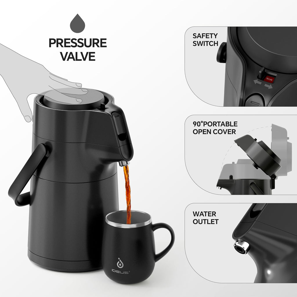 IDEUS Thermal Coffee Carafe 74oz (2,200ml), Stainless Steel Double Wall Insulated Vacuum Flask, Water Jug Coffee Server and Beverage Dispenser, Heat and Cold Retention (Black, 74oz (2,200ml))