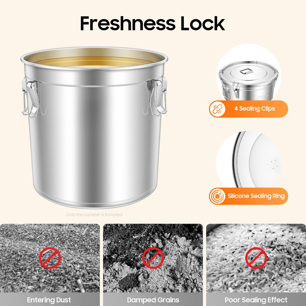 PERFERATE 304 Stainless Steel Airtight Canister 6L/12L Food Storage Bucket with Lids and Sturdy Locking Clamp Metal Cereal Rice Storage Container for Flour, Coffee Bean, Sugar, Cookie (48L)