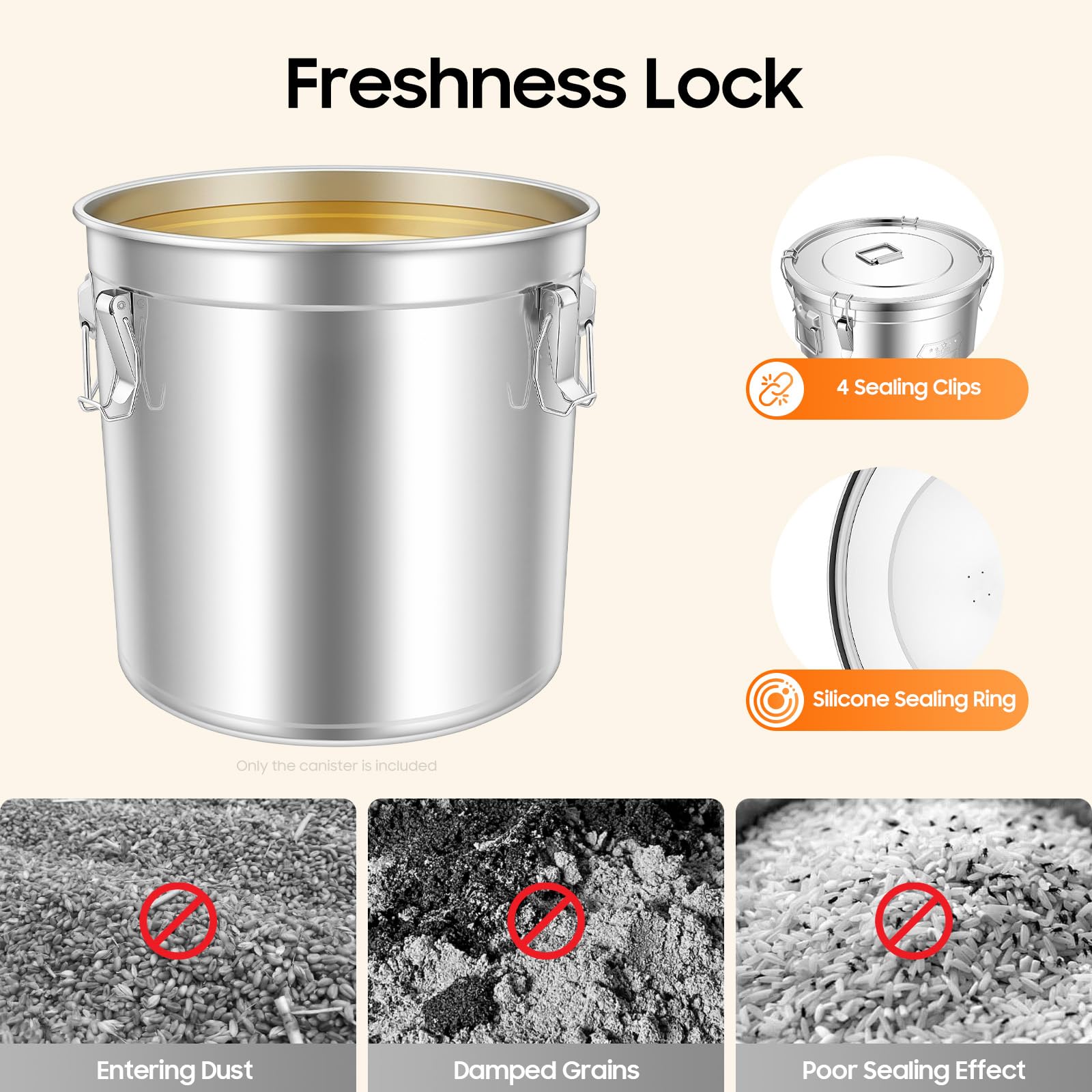 PERFERATE 304 Stainless Steel Airtight Canister 6L/12L Food Storage Bucket with Lids and Sturdy Locking Clamp Metal Cereal Rice Storage Container for Flour, Coffee Bean, Sugar, Cookie (48L)