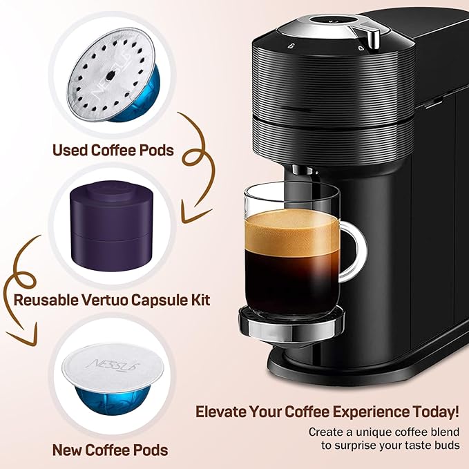 Nessus Reusable Vertuo Capsule Kit, [ALSeal EZ FIT] for Refillable Pods with 100 Pcs Aluminum Foil Seal Lids, Holder, Brush, for Refilling Vertuo Pods Reusable Vertuoline Pod(Purple)