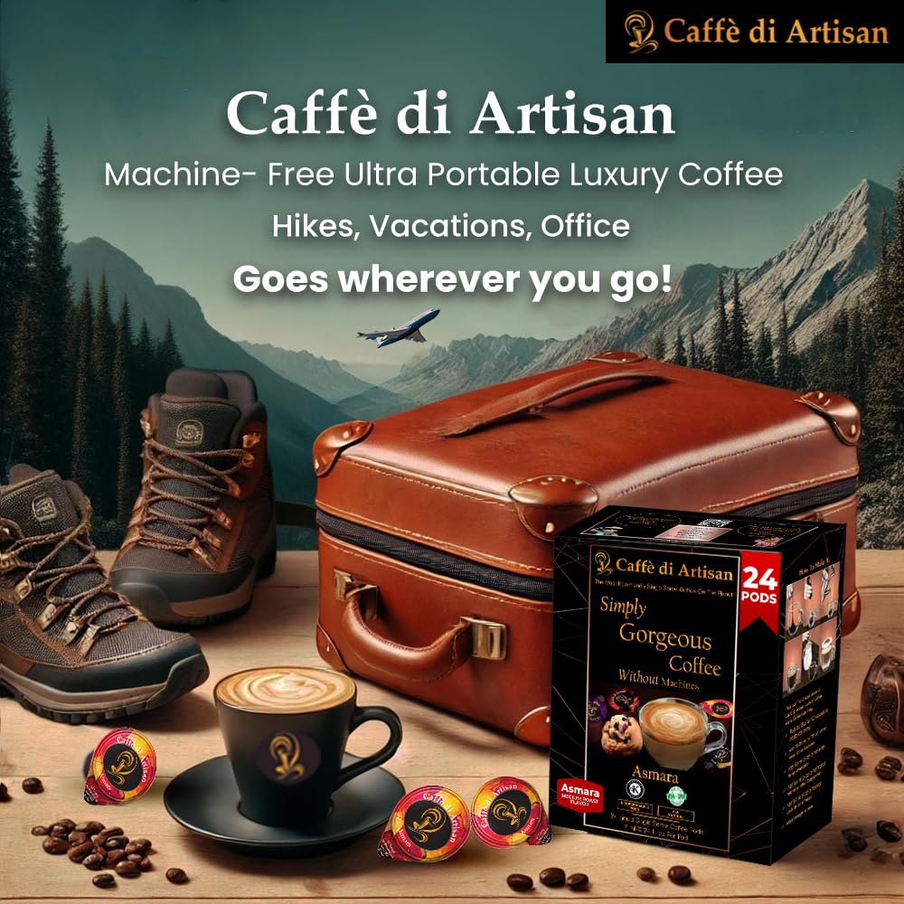 Caffè di Artisan Liquid Coffee Pods – Premium Single-Serve Coffee for Cold Brew concentrate, Iced Coffee & Hot Coffees – Machine-Free, Eco-Friendly, Ready in Seconds. Rich; Asmara with Frother; Arabica; Medium Roast – 24 Count