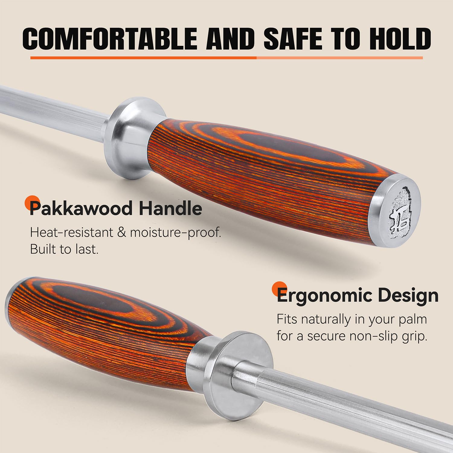 TUO Honing Rod, Sharpening Steel with Larger Diameter for Kitchen Knife Daily Honing Maintenance, High Carbon Steel 8" Knife Sharpener Rod, Ergonomic Handle