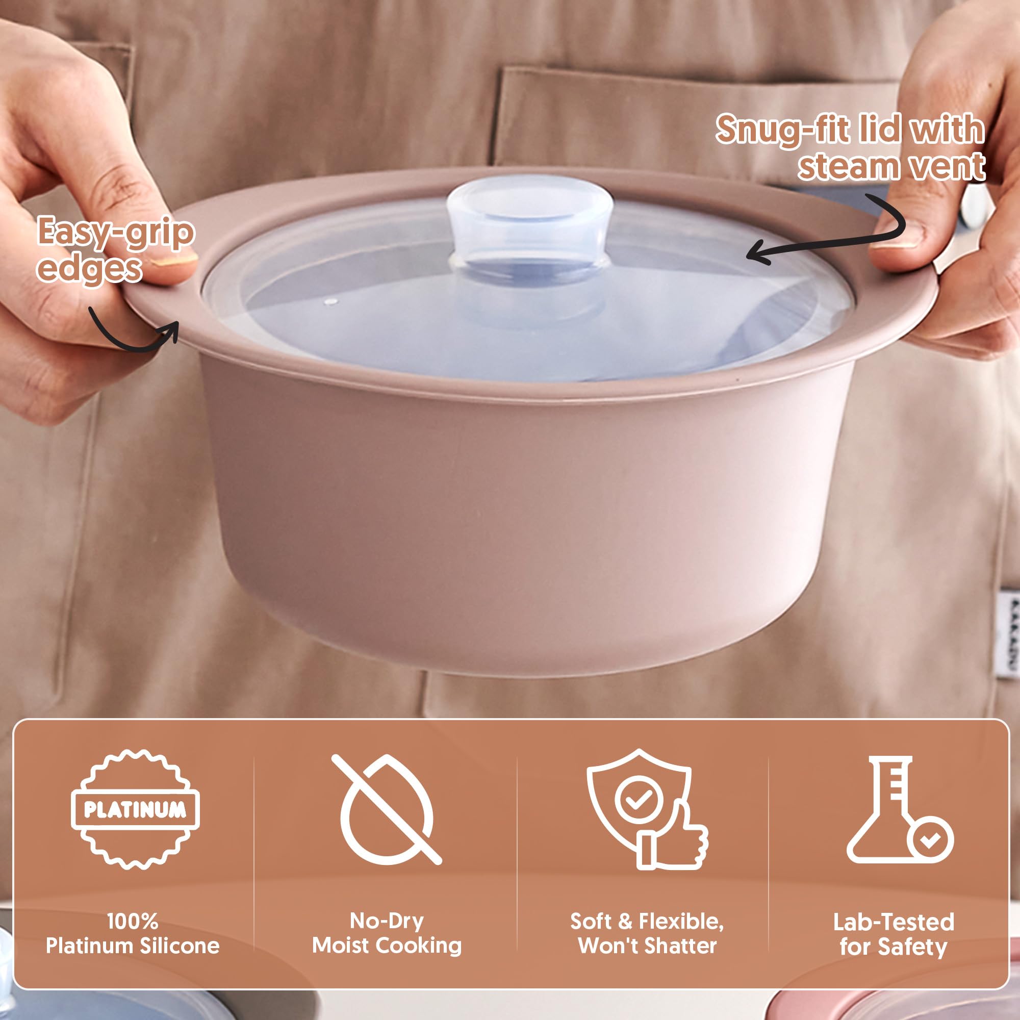 FIRGI 20oz Platinum Silicone Microwave Steamer Pot with Handle & Lid - Korean 100% Food-Grade Steamer Bowl, Heat-Resistant Cooker with Steam Holes, Easy Clean, Dishwasher Safe, Dry Rose