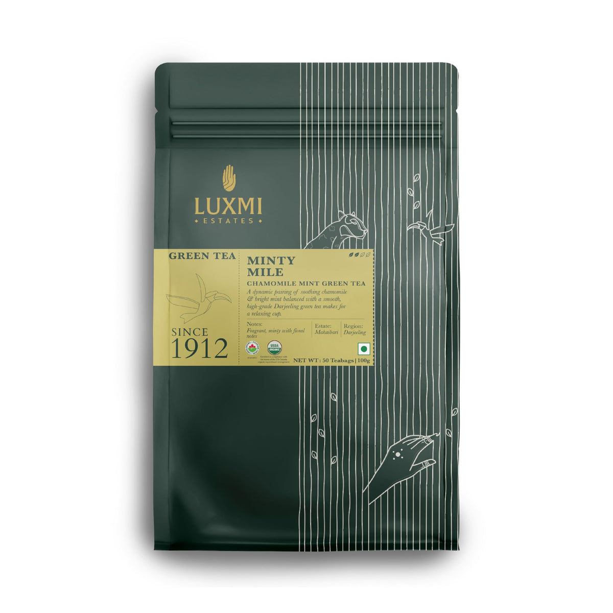 Luxmi Estates Minty Mile Organic Chamomile Mint Green Tea (25 Tea Bags) Low Caffeine Tea Bags For Relaxing, Calming, and Stress Relief, With Certified Organic Darjeeling Makaibari Green Tea