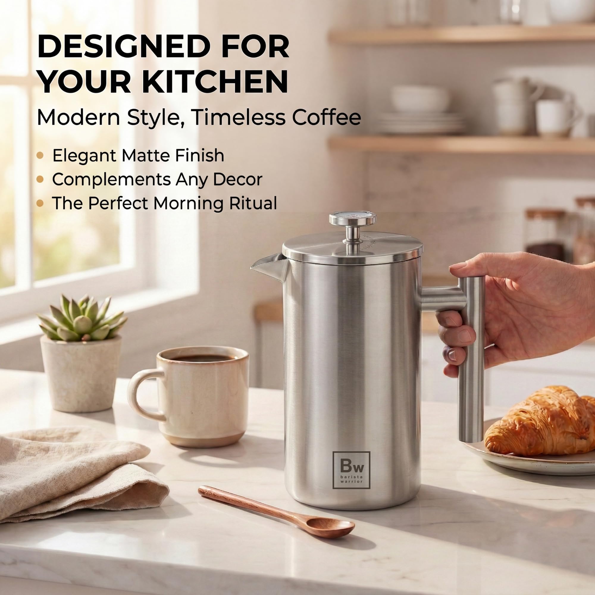 Barista Warrior French Press Coffee Maker - Double-Wall Stainless Steel Insulated French Press with Built-In Thermometer, Dual Filters Coffee Maker with Wooden Spoon - Silver